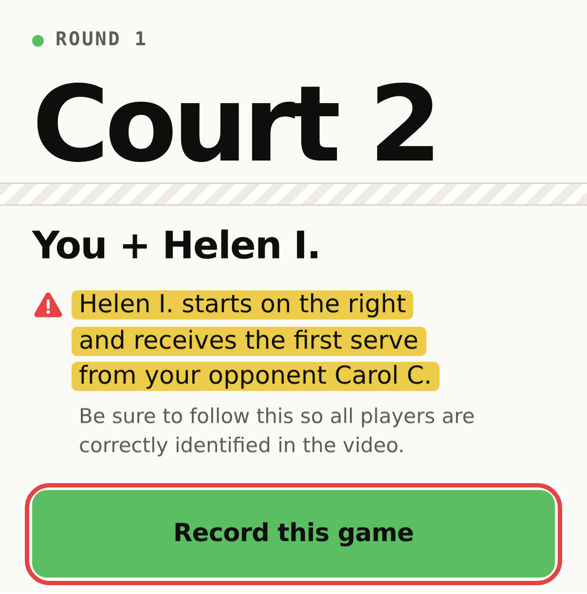 Example player view showing the opening assignment and Record this game button.