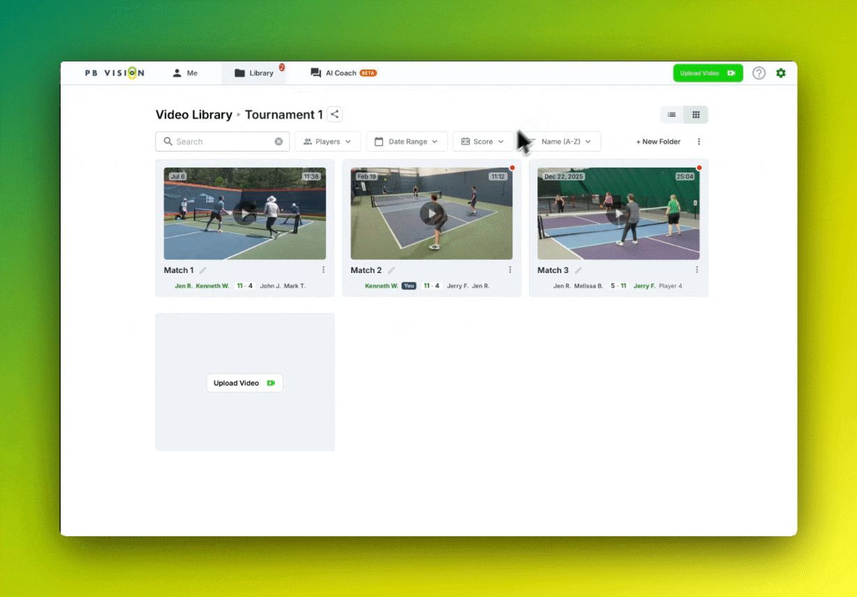 Example PB Vision folder containing three processed games: Match 1, Match 2, and Match 3.
